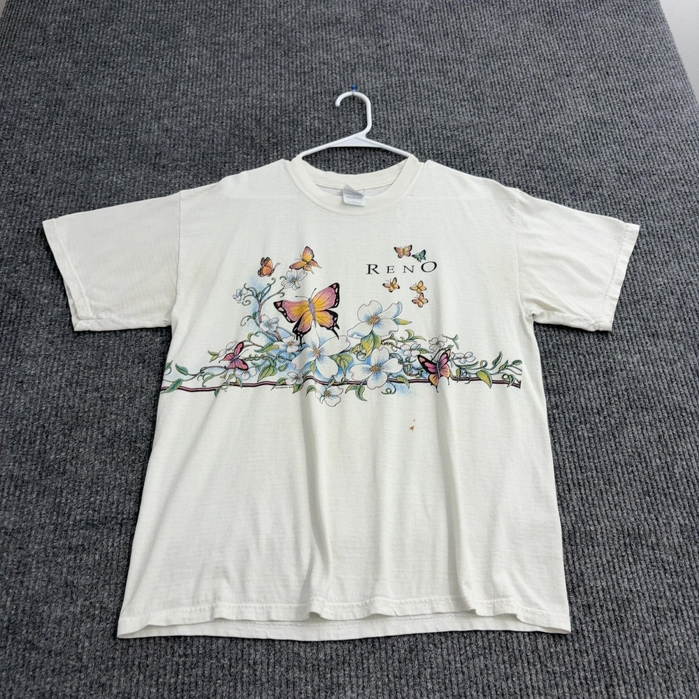 Vintage Reno Gildan T Shirt Men L White Cotton Butterfly Floral Graphic Souvenir
